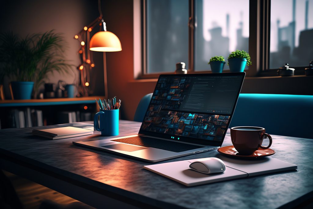 A modern office space with a laptop and a cup of coffee.