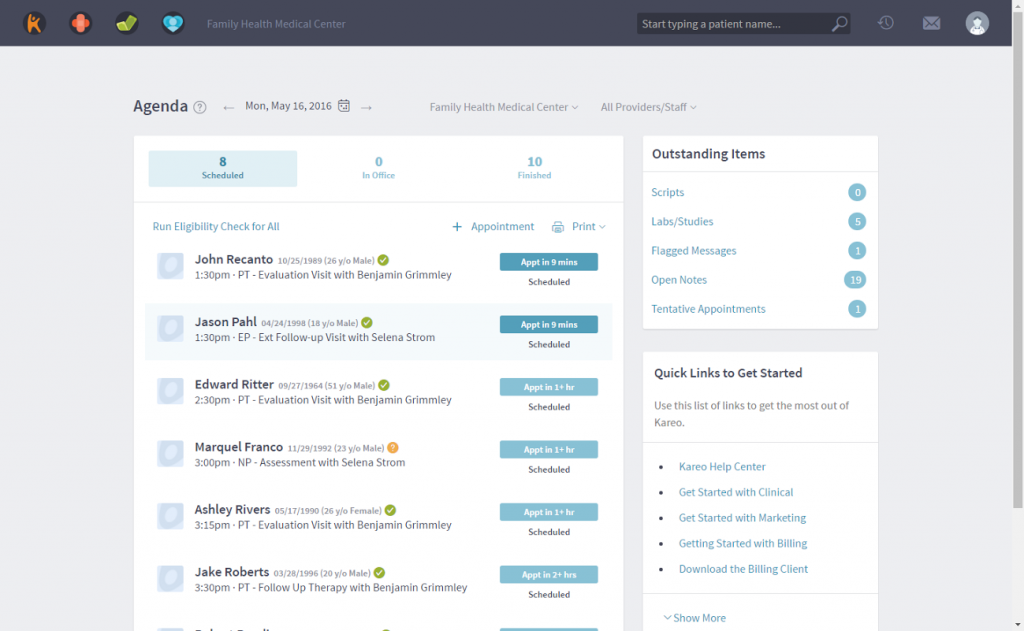 Kareo agenda view in healthcare CRM.