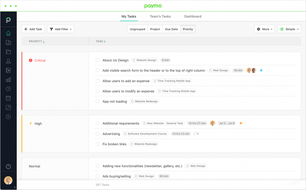 Screenshot of tasks view in Paymo.