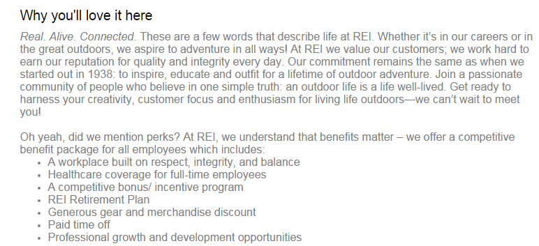 A description of REI's company culture on a job posting.