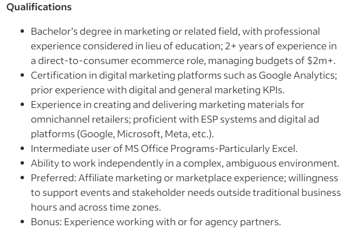 Bulleted list of qualifications on an Indeed job posting for a marketing role.