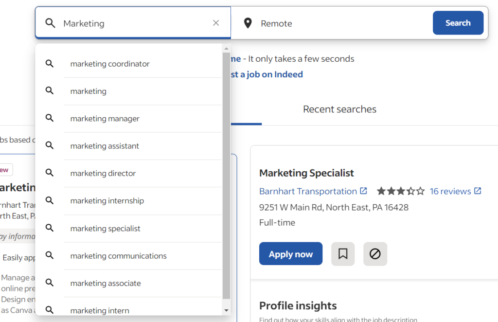 Indeed’s job search feature with a drop-down listing of keywords related to a marketing search.