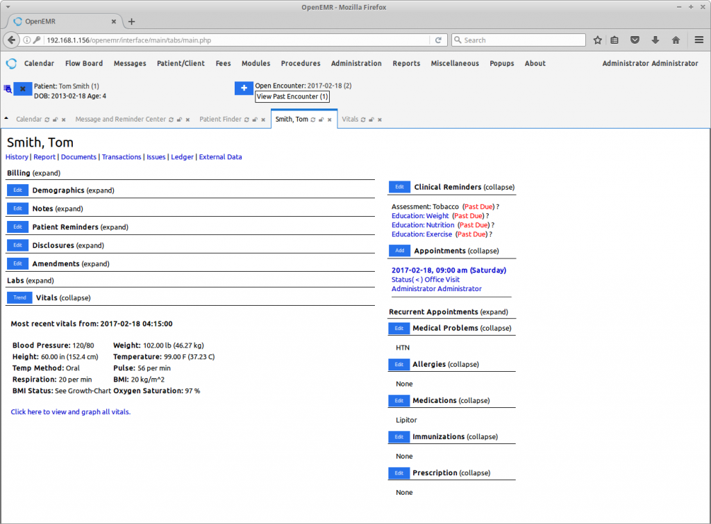 OpenEMR patient dashboard