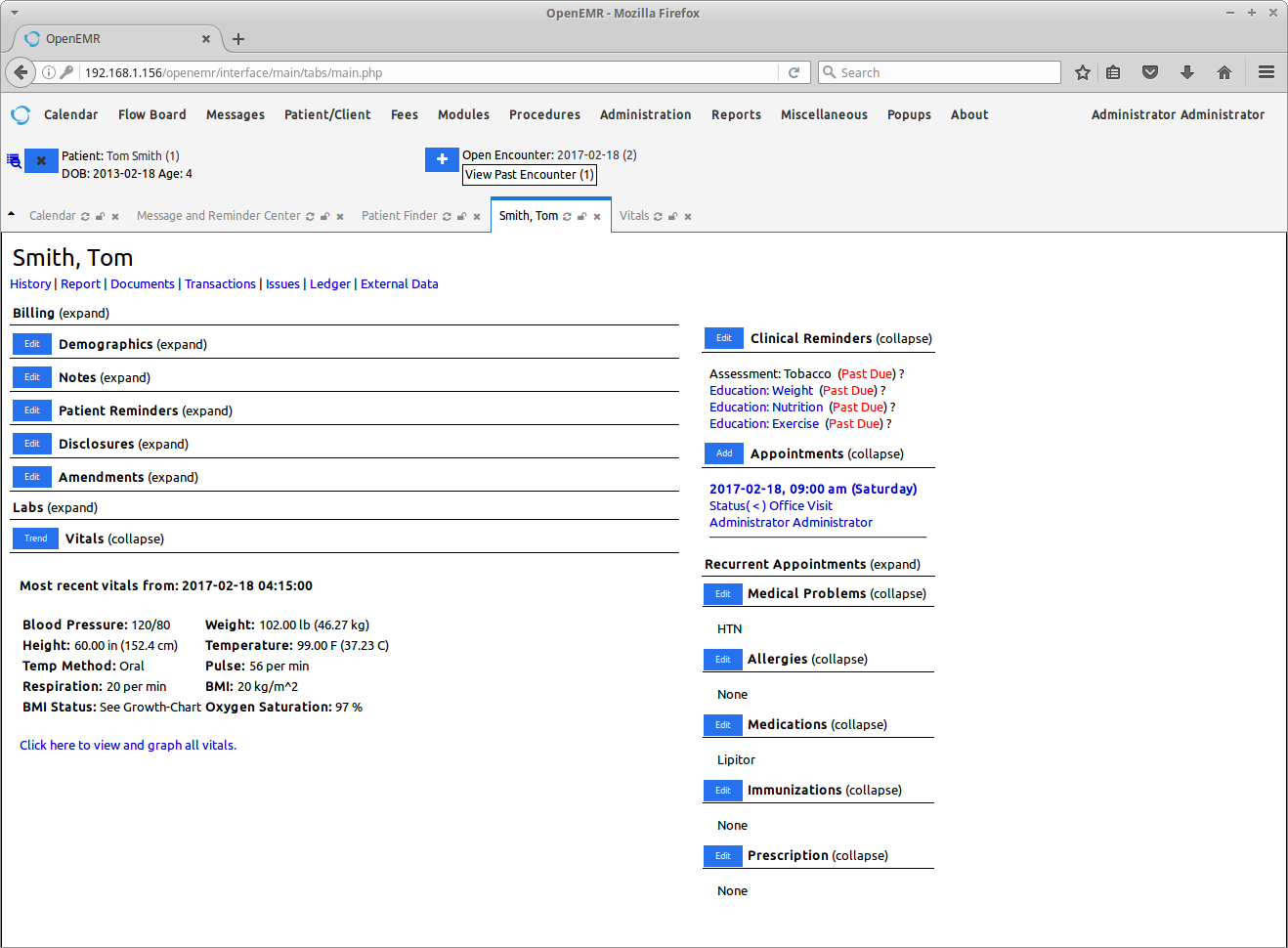 OpenEMR patient dashboard