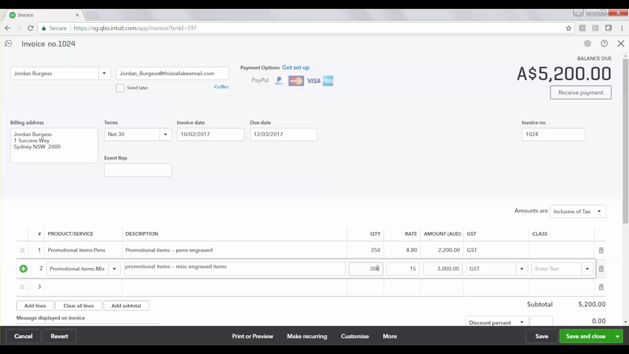 Quickbooks invoicing screen