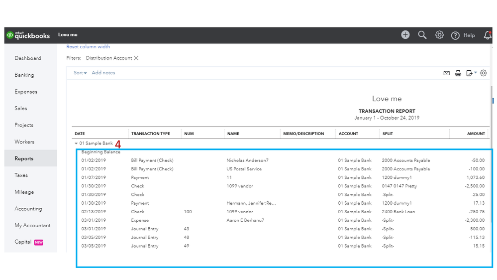 Example of Quickbooks transaction reporting feature