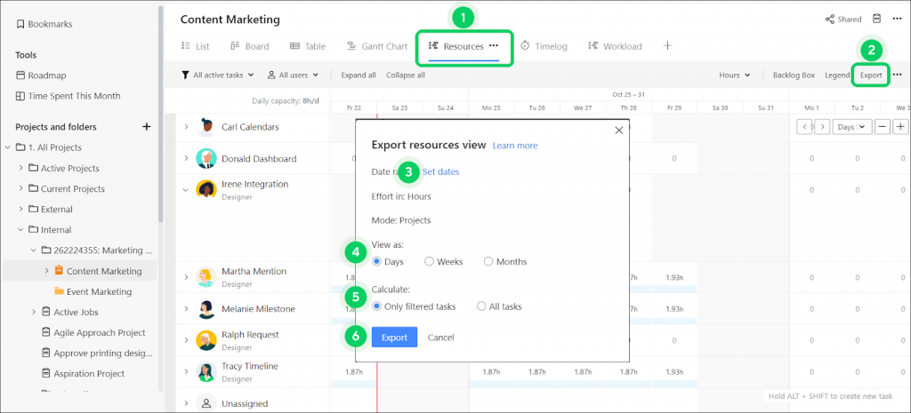 A view of Wrike's resource management tab, with the option to export the complete view as needed.