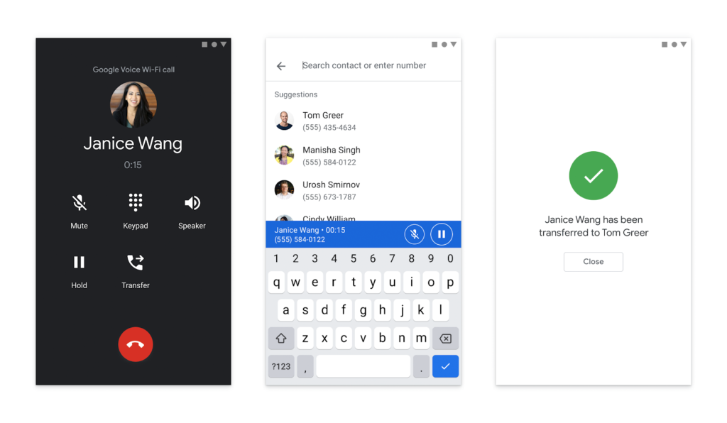 Three screenshots of the Google Voice mobile app for dial pad and contacts.