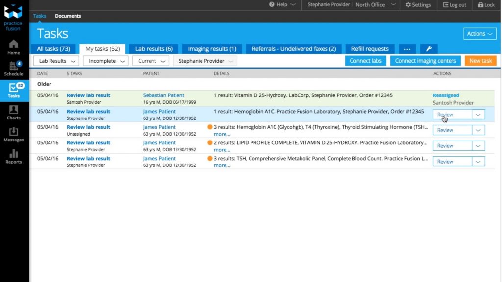 PracticeFusion practice management software showing tasks to do