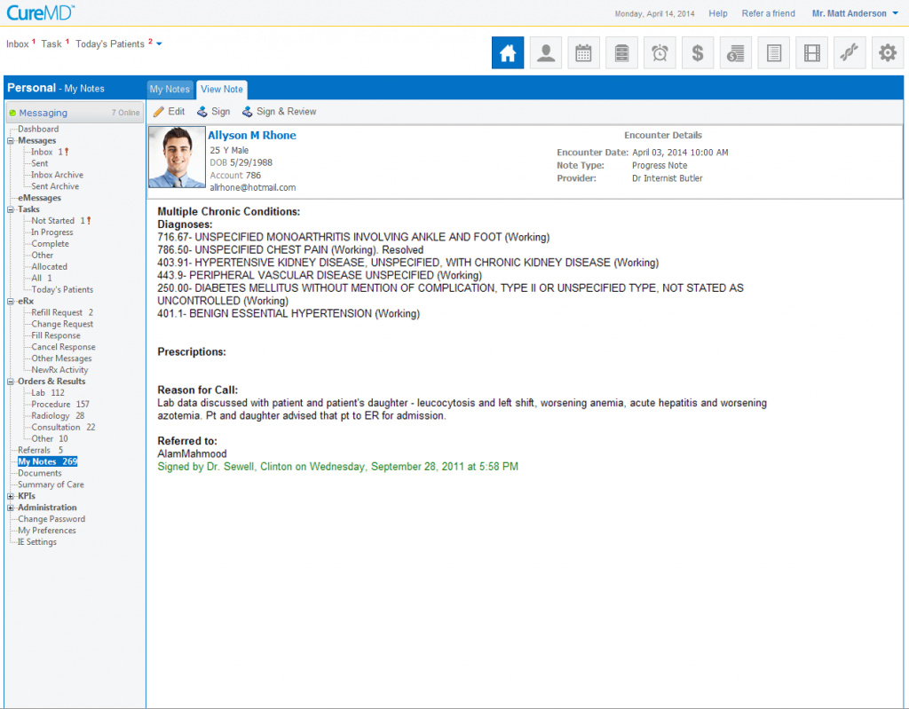Screenshot of CureMD showing a doctor's notes on a patient, including diagnoses, prescriptions, reasons for calls, and referrals