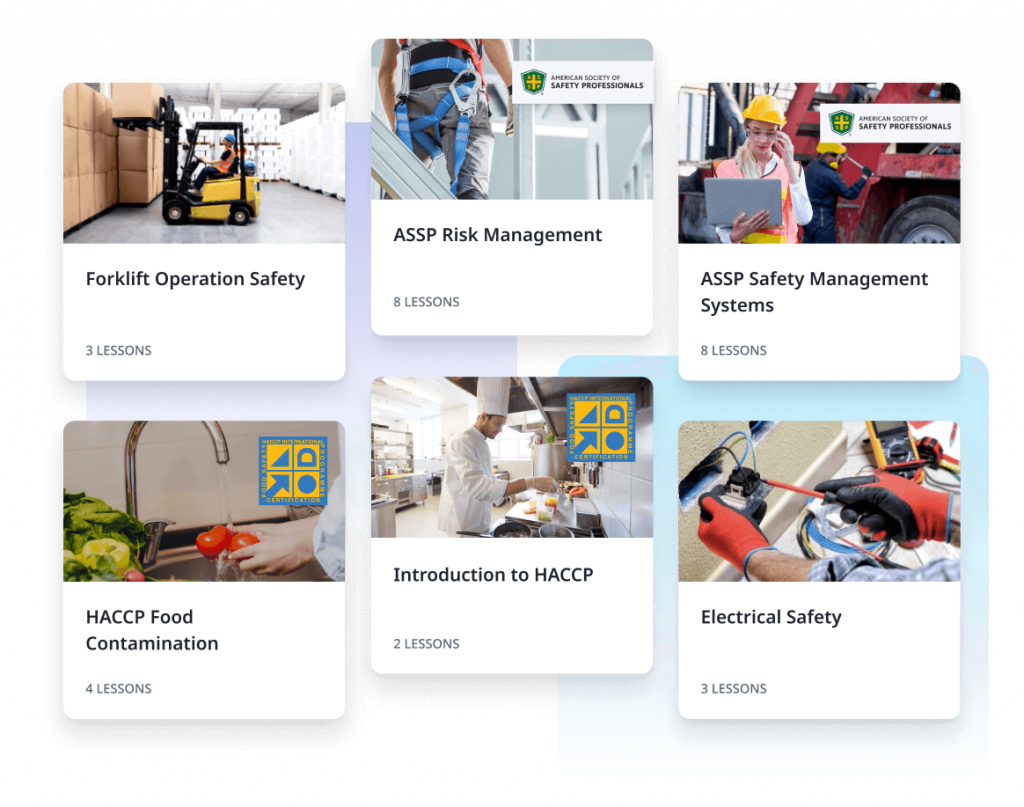 EdApp displays a gallery of compliance training courses for forklift operation, ASSP risk management, electrical safety, and HACCP compliance.