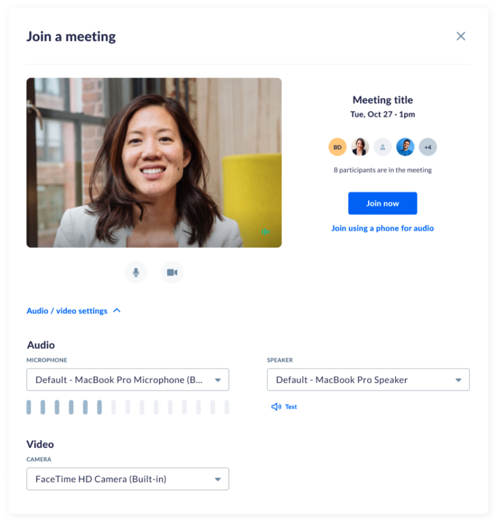 Nextiva interface showing a dialog box prompting the user to "Join a meeting" and showing the user's preview video.