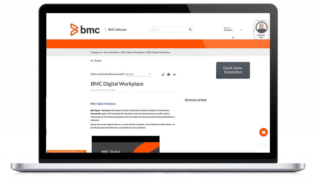 Screenshot of an auto-translated page in BMC Helix Knowledge Management