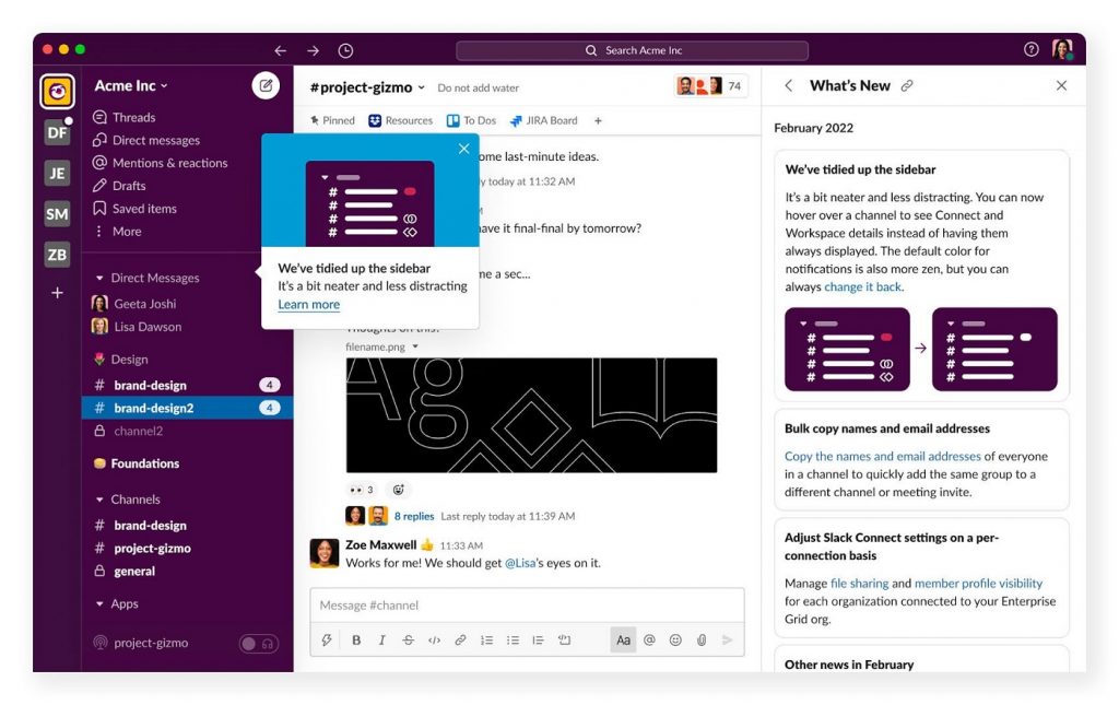 The screenshot of Slack's user interface features a clean and organized layout with various channel and direct message listings.