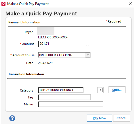 Image showing the Quick Pay window of Quicken