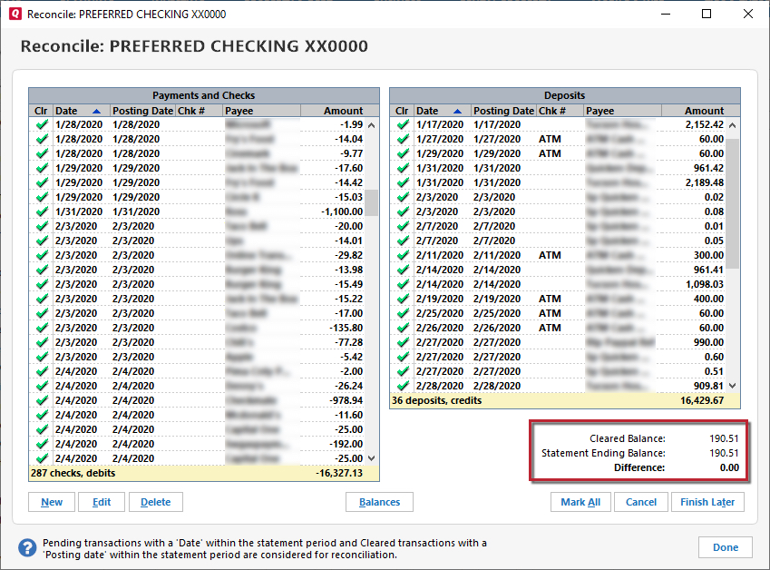 Image showing the cleared transactions during bank reconciliation.