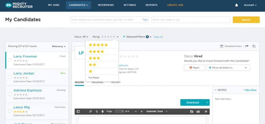 MightyRecruiter's "My Candidates" dashboard displays options for sorting and filtering candidates by star rating.