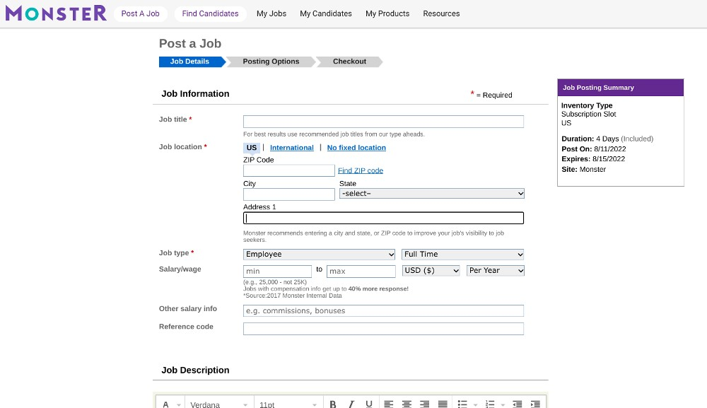 The first page of Monster.com's fillable job post form includes fields for basic job details like title, location, type, and salary/wage.