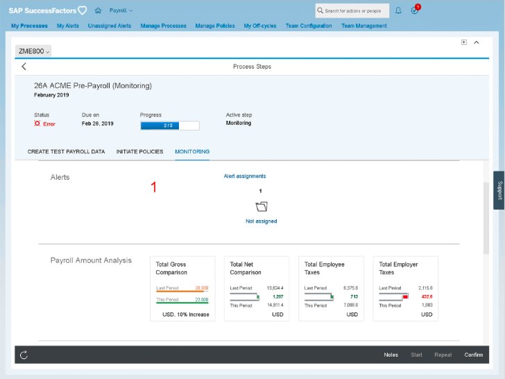 Screenshot of SAP SuccessFactors continuous payroll dashboard.