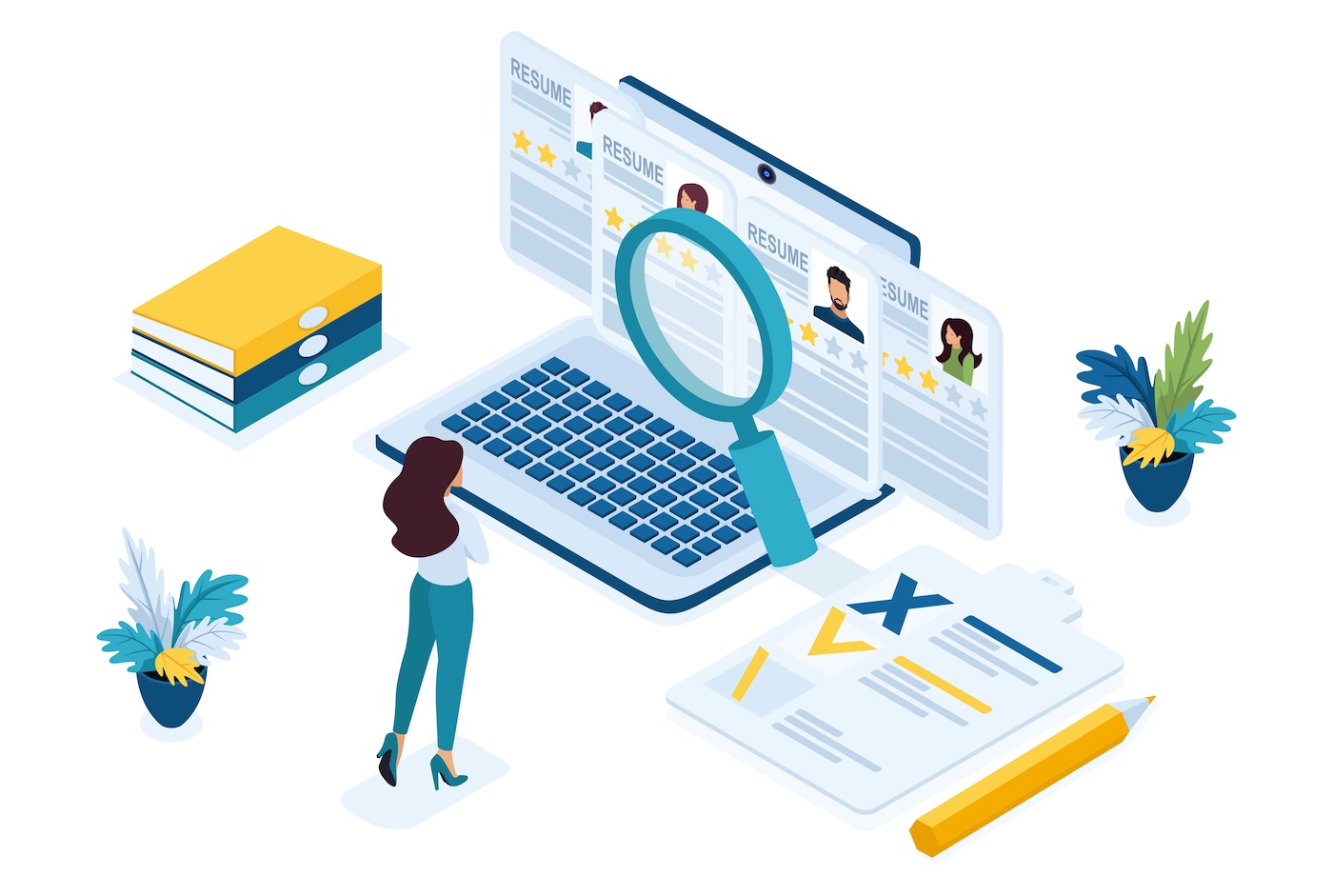 Isometric HR Manager, business recruiting manager reviews the resume options on the site. Represents the process of creating an effective job description.