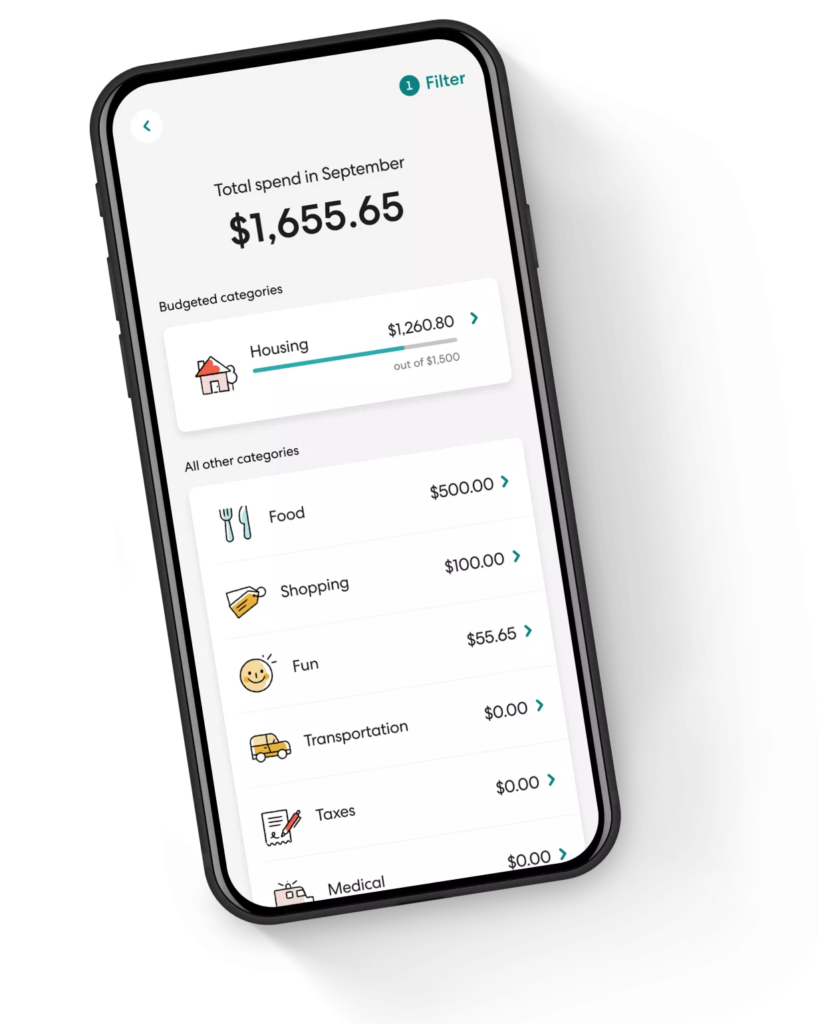 A mobile phone displays $1,655.65 as someone's total spending in September, with cards indicating how much the person spent on housing, food, shopping, and transportation.