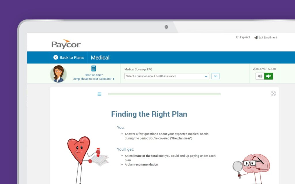 Paycor displays a medical plans dashboard with a button to calculate benefits costs and instructions on answering a series of questions about medical needs to determine the right benefits plan.