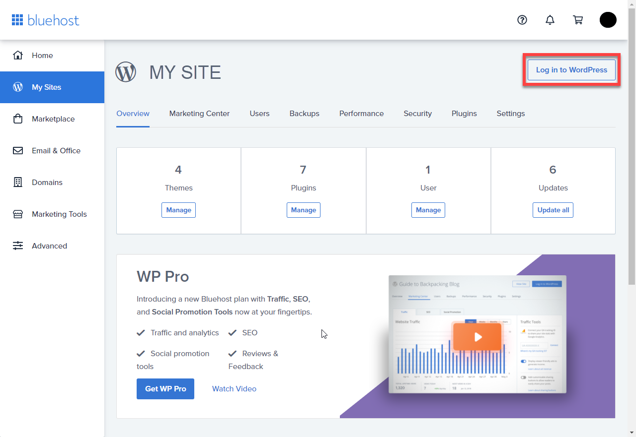 Bluehost web hosting dashboard.