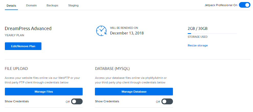 DreamHost web hosting dashboard.