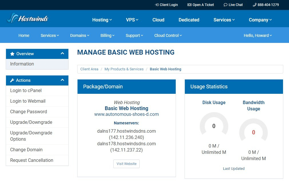 Hostwinds website hosting dashboard.