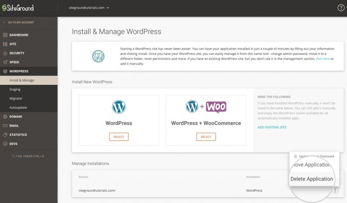 SiteGround web hosting dashboard.