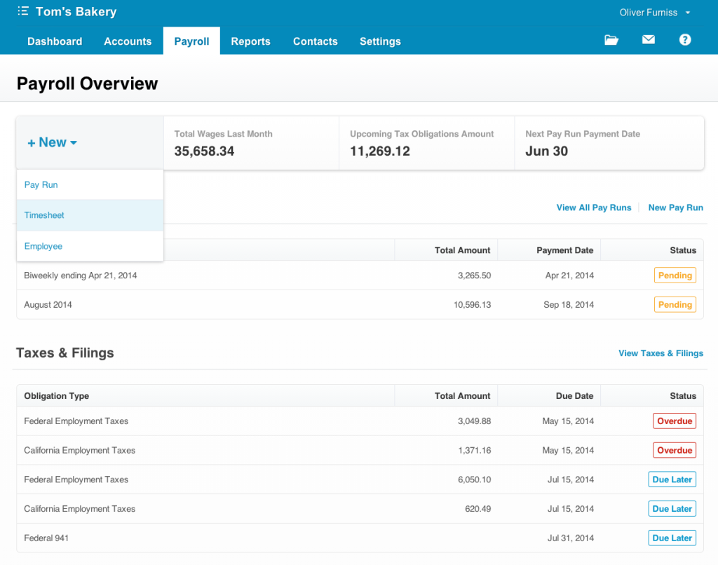 Xero US payroll dashboard.