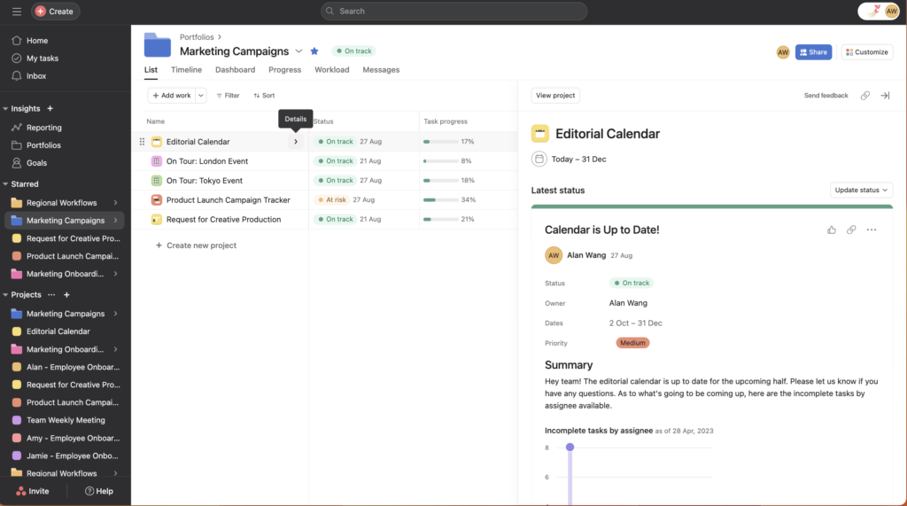 Asana portfolio view showing marketing campaign projects, project status, task progress, workload, messages, and a detailed status update panel.