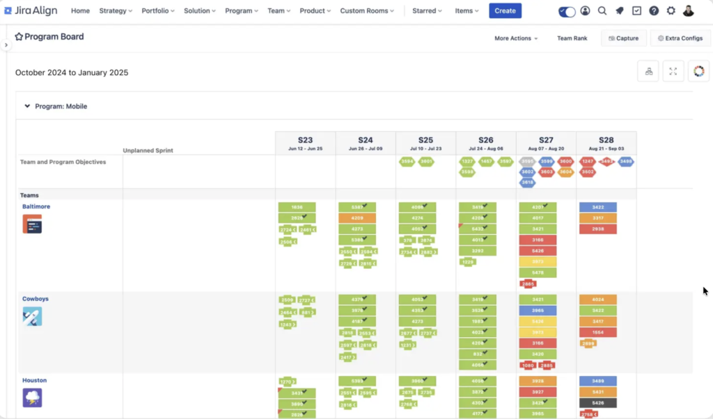 Jira Align program board showing team objectives, sprint columns, planned work items, and color-coded progress blocks across teams.