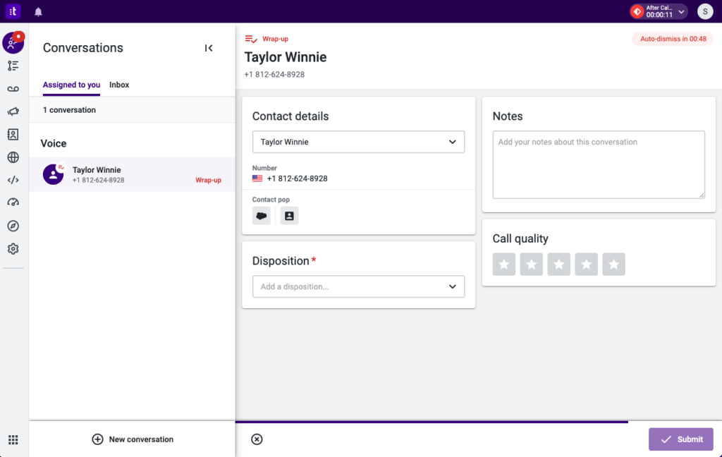 Talkdesk contact center dashboard showing live customer interactions and notes.