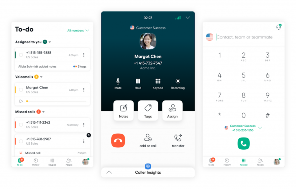 Aircall softphone dashboard showing call controls and customer contact details.