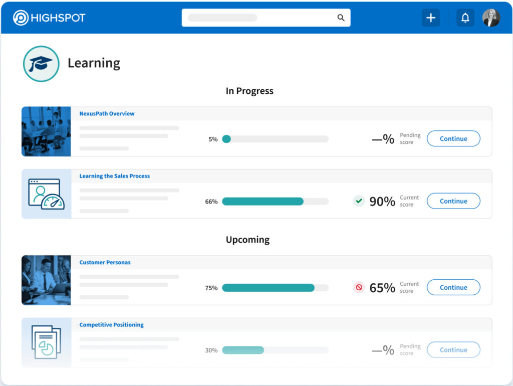 Highspot's learning pathway system with progress bar status.
