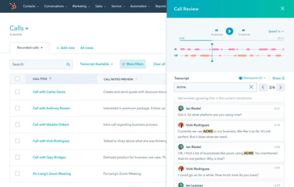 HubSpot's call review for each lead or prospect.