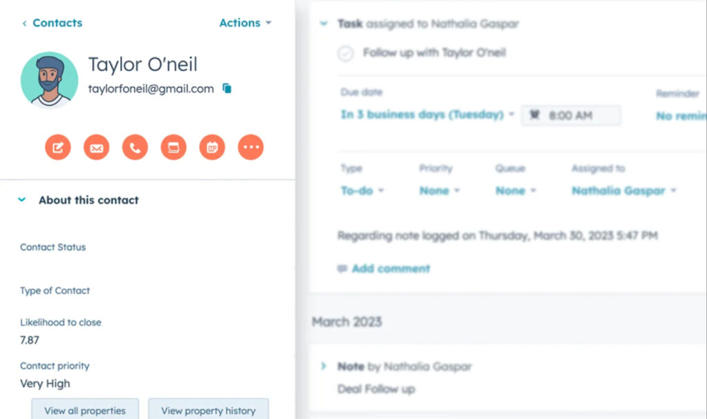 HubSpot's contact management feature with task selection.