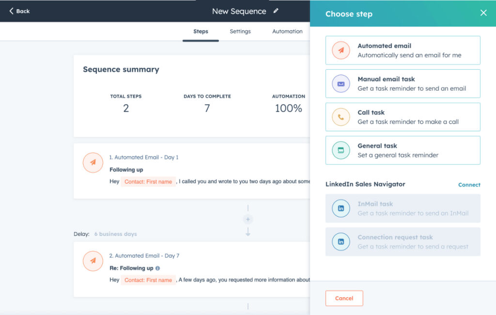 HubSpot's sequence summary showing steps, settings, and automations.