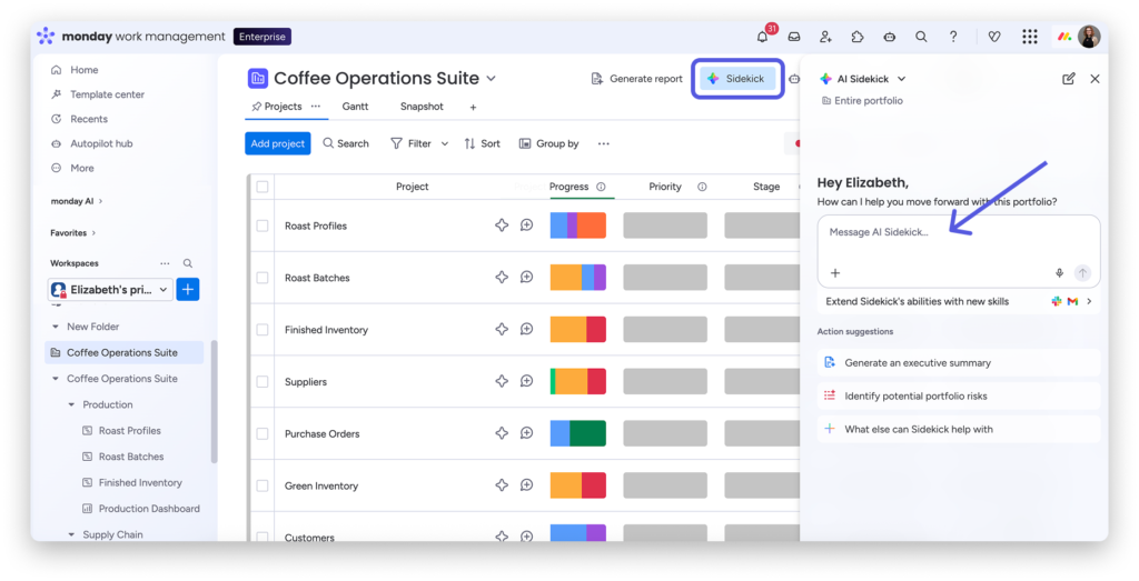 monday work management portfolio view with project progress columns and an AI Sidekick panel with portfolio summaries and risk identification.