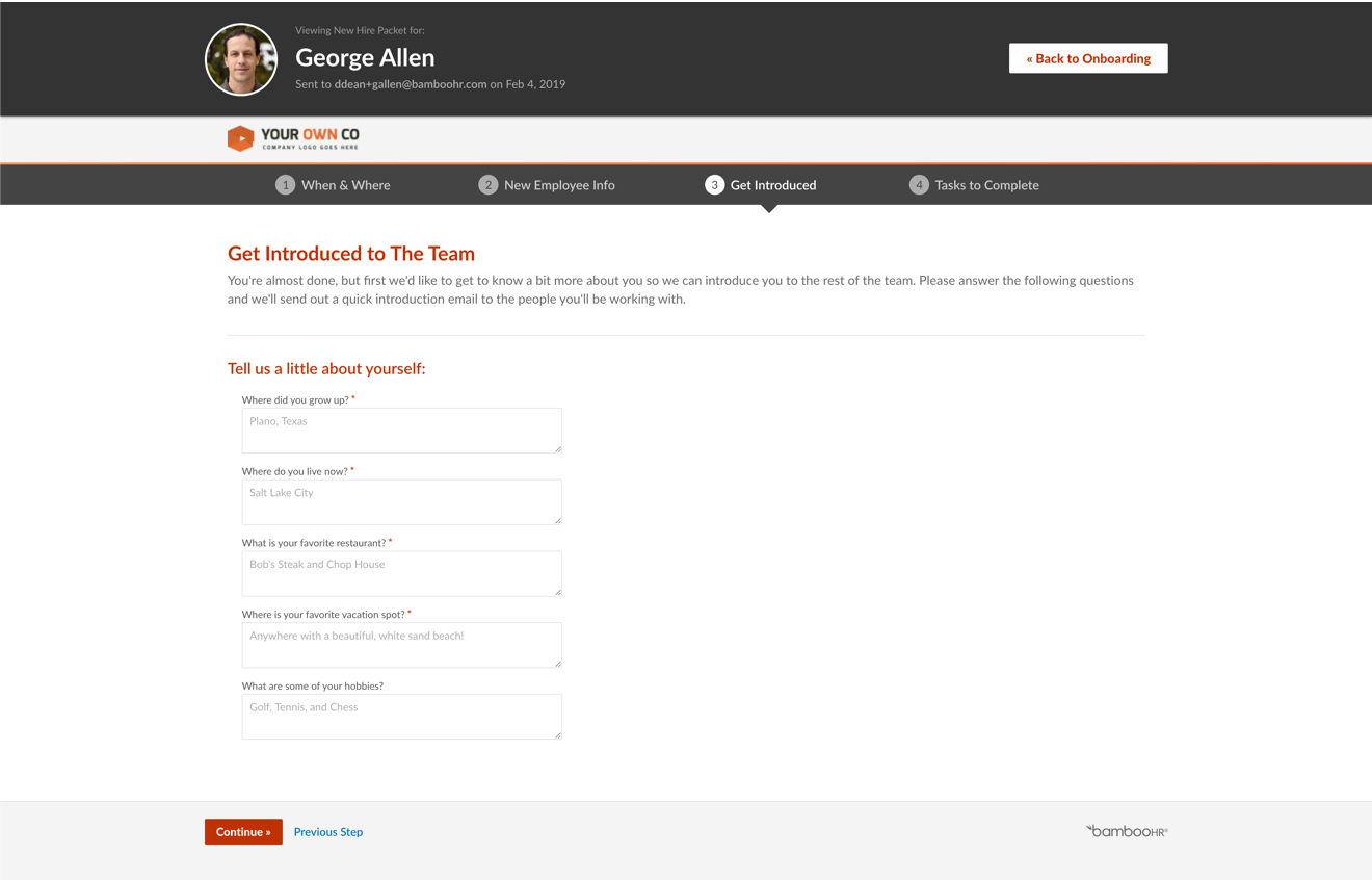 screenshot of onboarding with bambooHR
