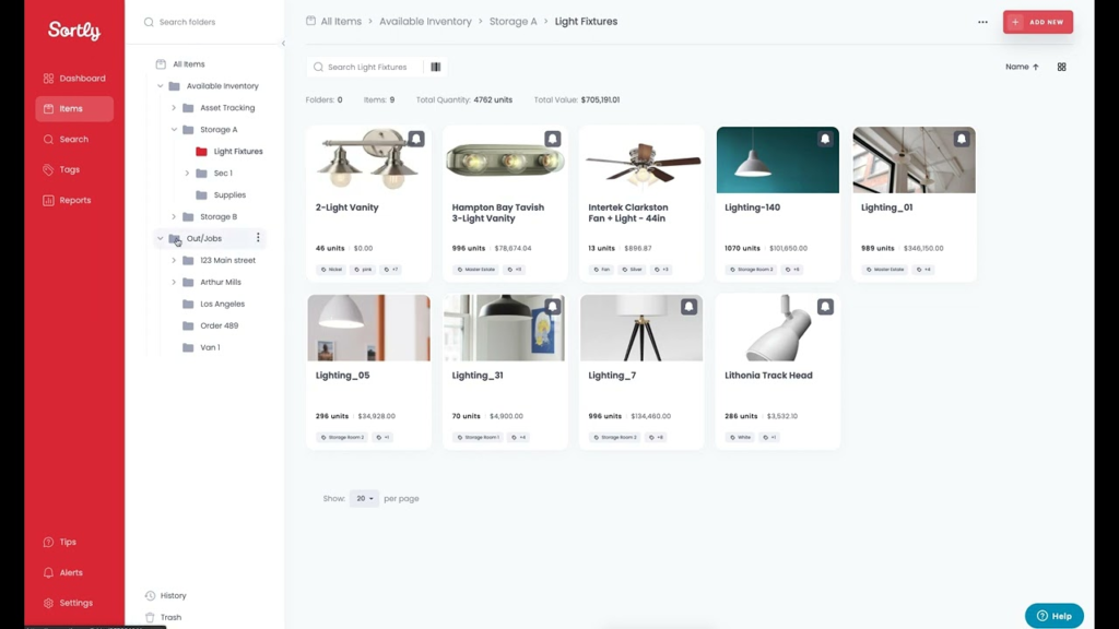 The Sortly web app showing an inventory search for 'light fixtures' that pulled up eight items displayed with corresponding photos and stock info.