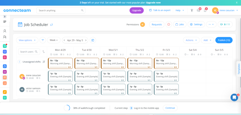 Connecteam’s Job Scheduler feature displays schedule for employees Irenen Casucian and Victor Samson from April 29 to May 05. 