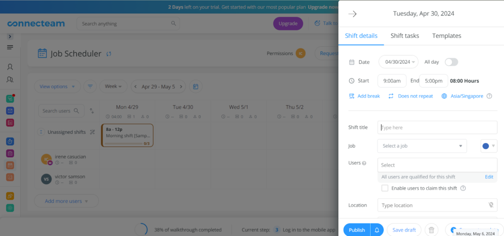 Connecteam’s Job Schedule displays shift details for April 30, 2024. It has fields for shift title, job, users, and location.