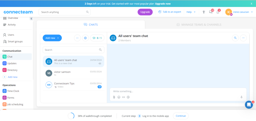 Connect displays different chat channels and All users’ team chat box. 