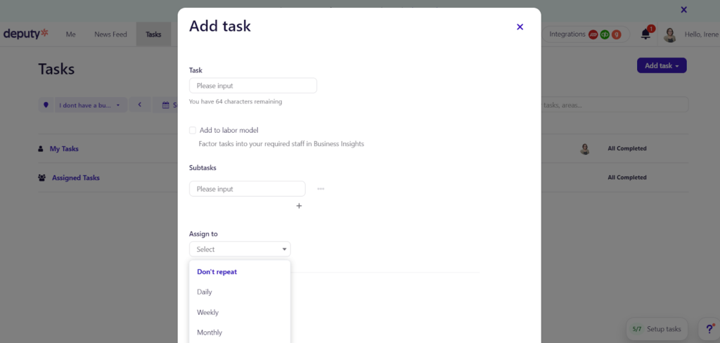 Deputy displays its add a task pop-up window, with fields to name a task, add subtasks, and assign it to an employee. 