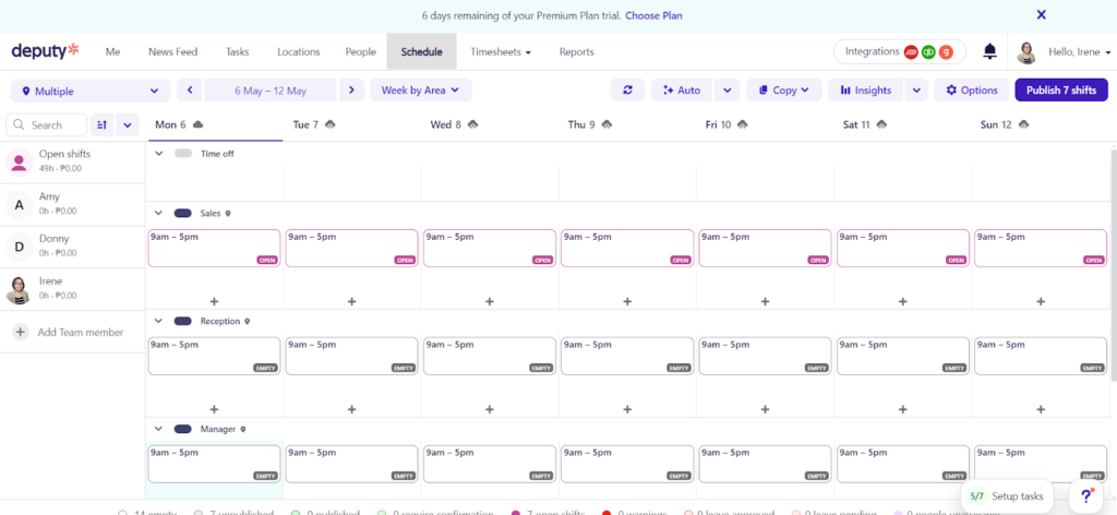 Deputy displays a weekly calendar with colors like pink and gray to indicate shift statuses like open and empty.