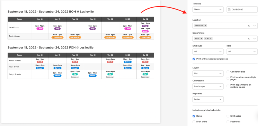 7shifts’ schedule sheet for September 24, 2022 for FOH (front of house) and BOH (back of house).