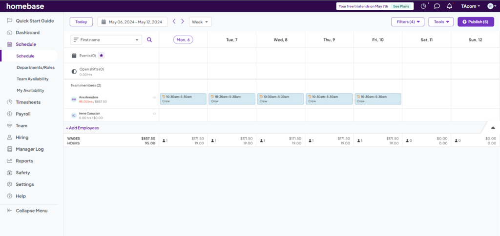 Homebase displays the weekly schedules for two employees named Ana Arendale and Irene Casucian on its schedule dashboard.