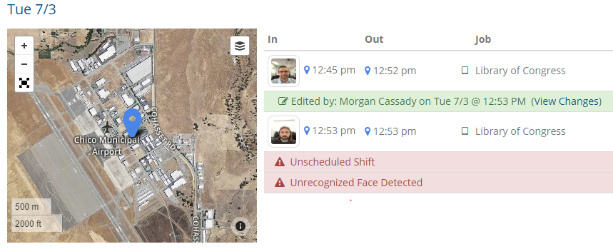ClockShark displays a satellite picture next to pictures of two employees who clocked in; there is also a notification in red below one employee’s picture that their face was not recognized. 
